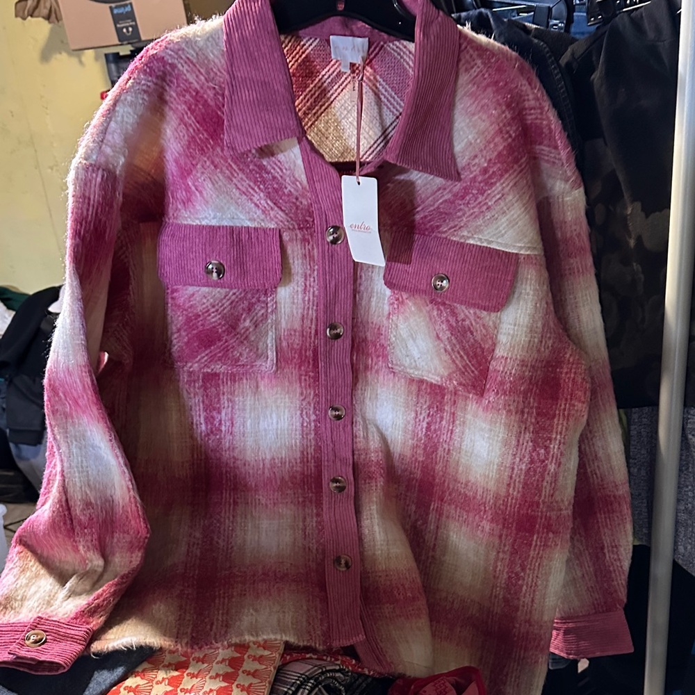 NWT Entro Pink Plaid Button-Up Shirt shacket  xl